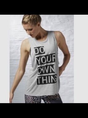 Reebok Light Gray Tank Top with Black 'Do Your Own Thing' Graphic